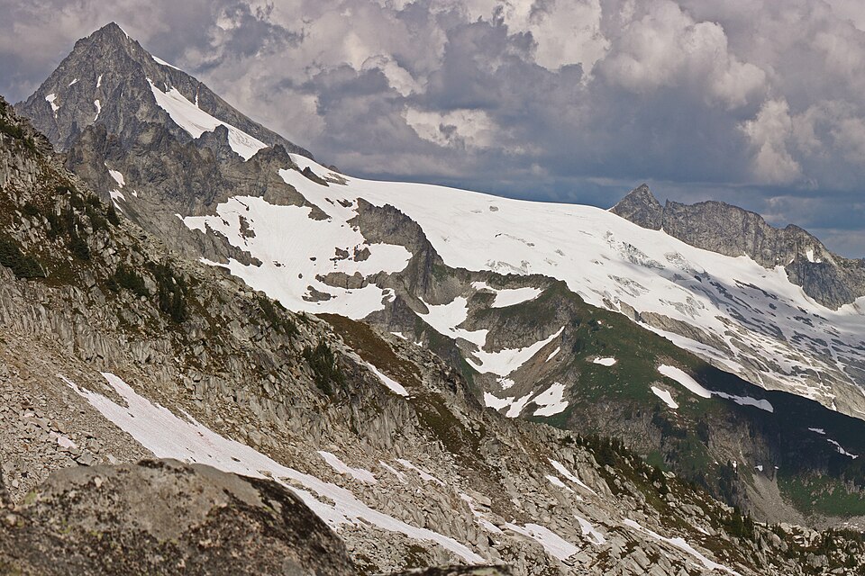 Eldorado Peak (8868 feet, 2703 m, on skyline; The Triad (7520+ feet, 2292+ m, mi