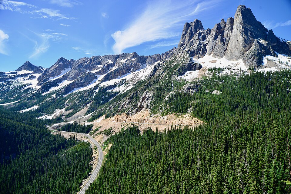 Highway 20 winds over Washington Pass just east of North Cascades National Park 
