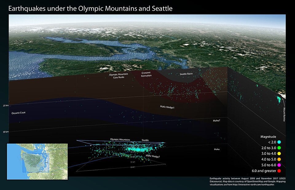 Displays earthquakes in a cross section from the Olympic Mountains east to Seatt